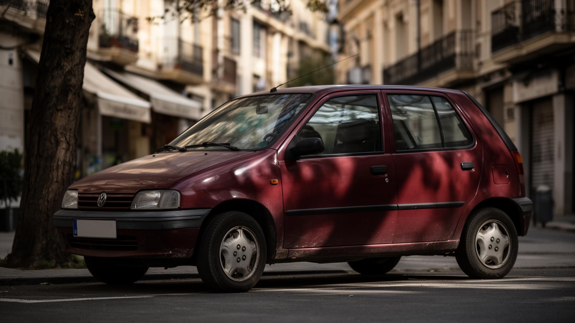 Hatchback compacto rojo oscuro de los años 90 aparcado en Madrid