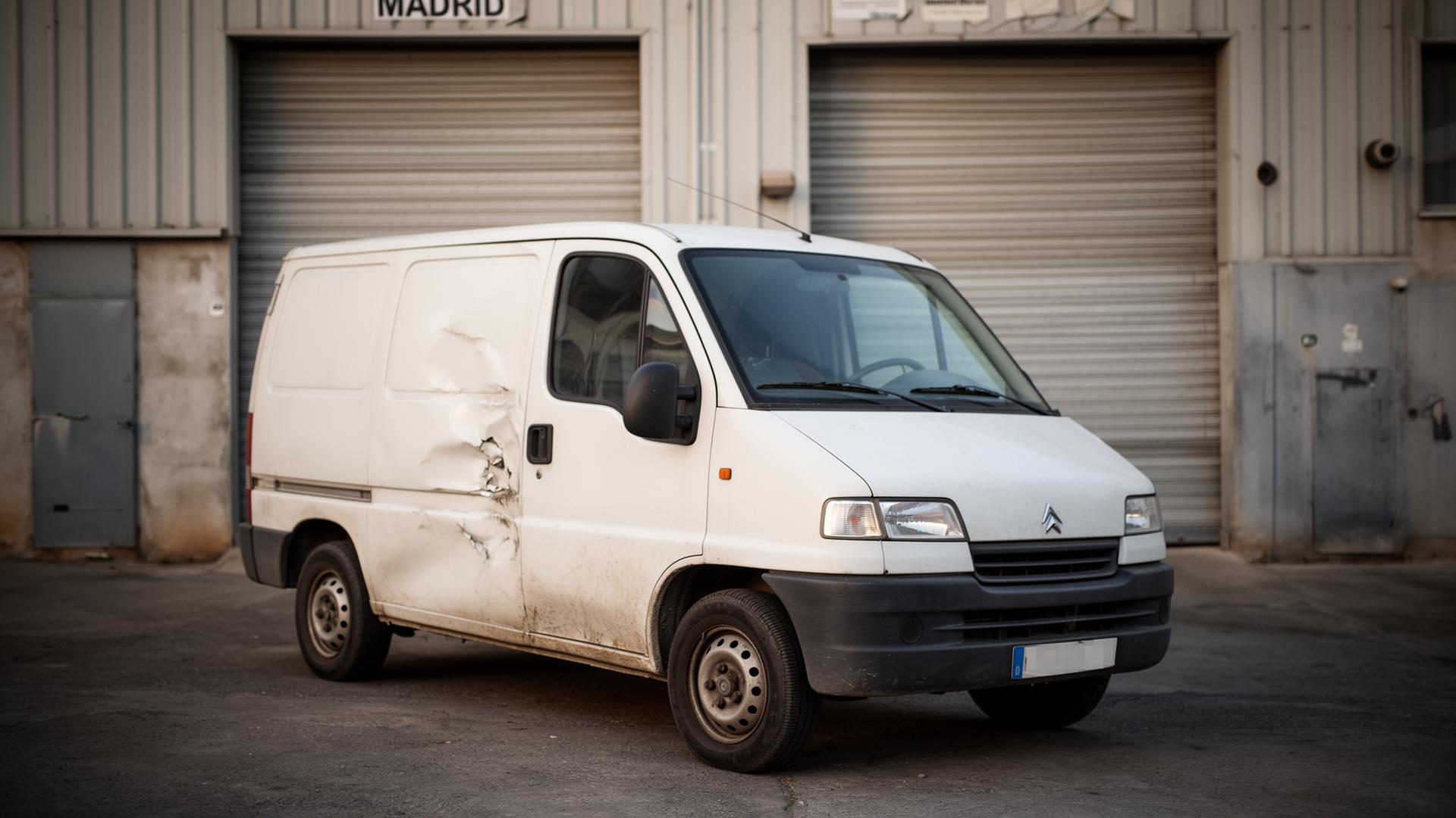 Furgoneta blanca con golpe lateral aparcada delante de una nave industrial