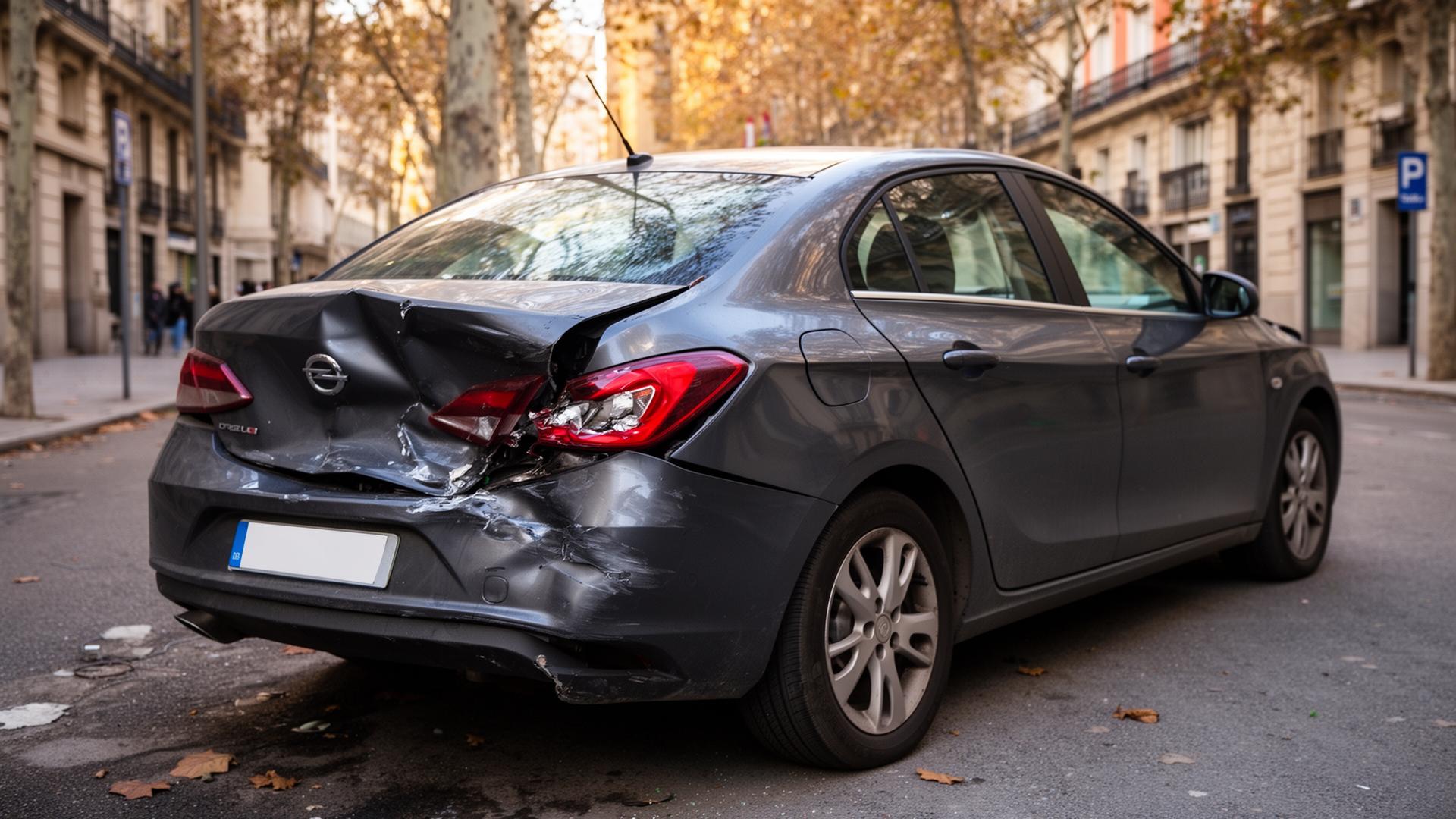 Sedán gris con golpe importante en la parte trasera en una calle de Madrid