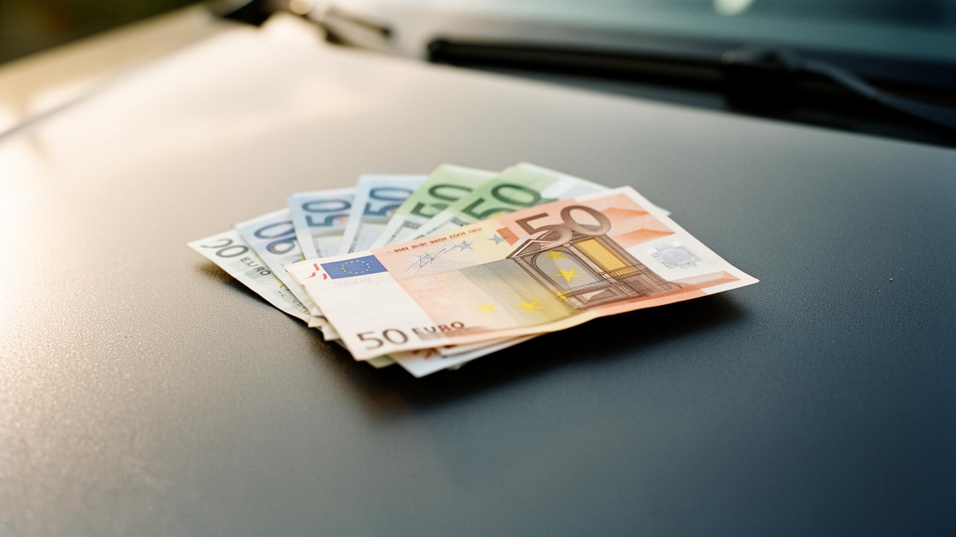 Fajo de billetes de 50 euros sobre el capó del coche tras cerrar la compra
