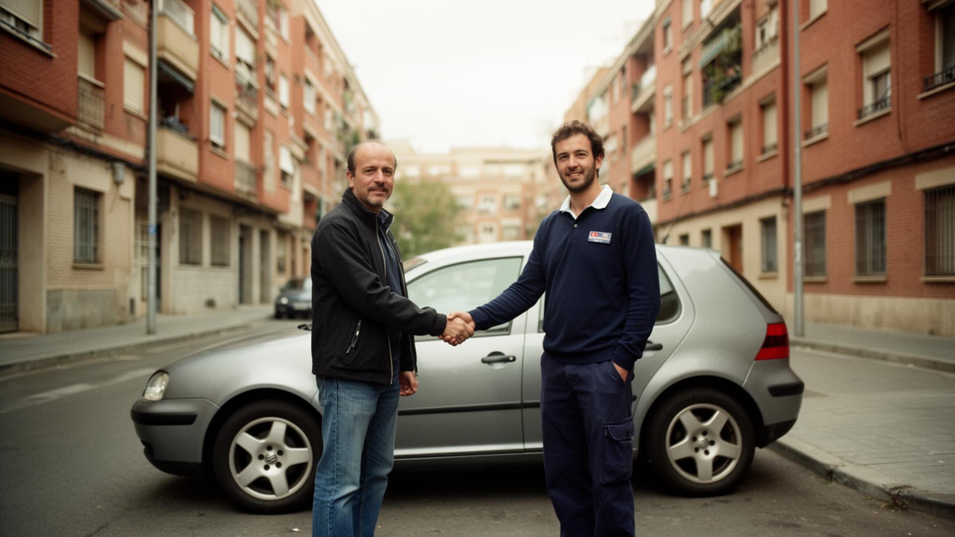 Apretón de manos junto a un Volkswagen Golf gris en una calle de Madrid tras cerrar la compra