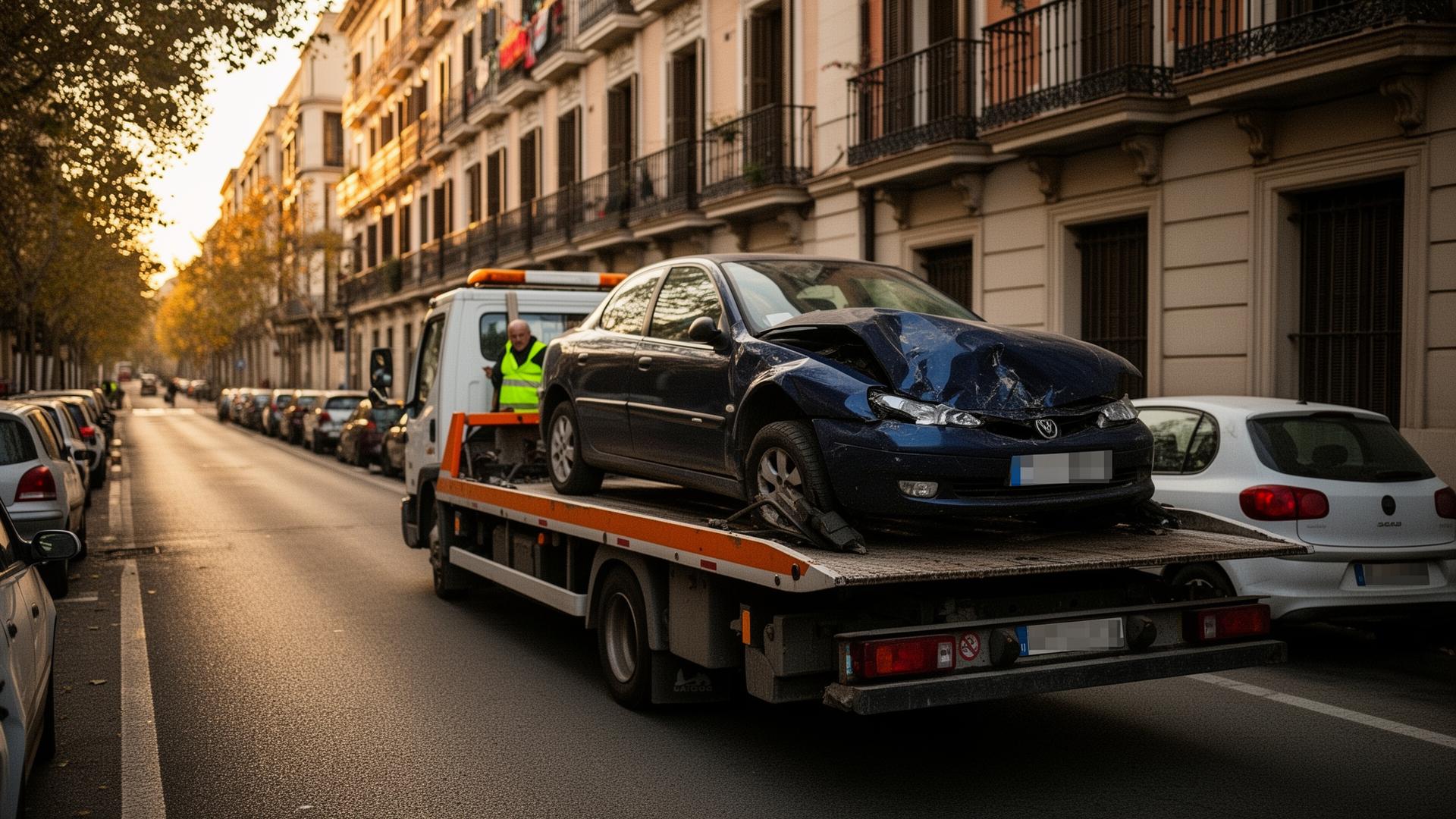 Grúa propia cargando un sedán con daños frontales en una calle de Madrid al atardecer